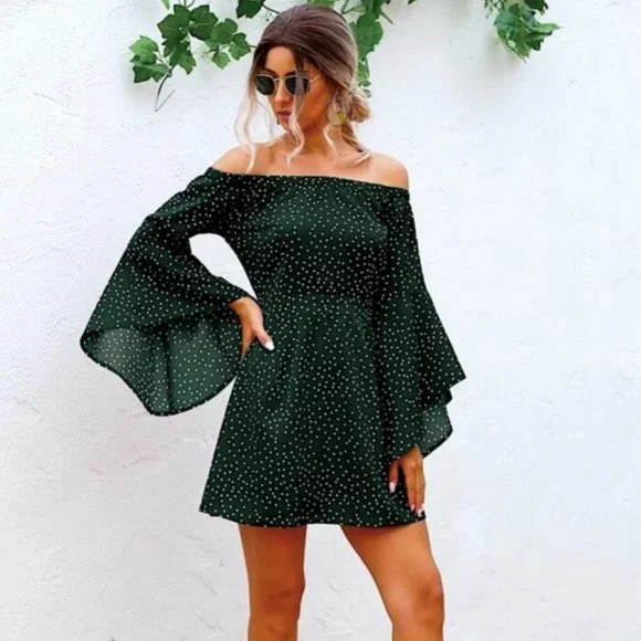 green polka dot off shoulder dress Polka Dot Layered Off-Shoulder Belted Dress – ClosetEnvyOnline main image 0